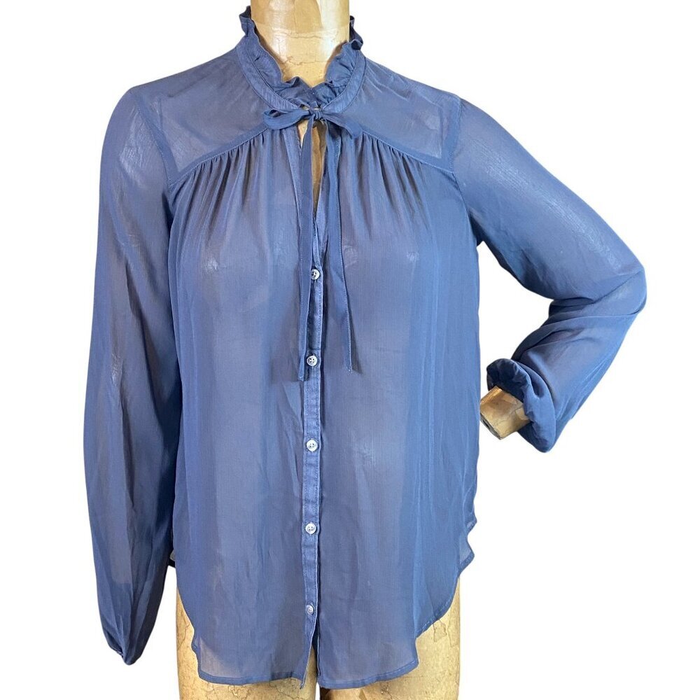 Hollister Sheer Long Sleeve Button-Down Tie Neck Blouse S‎ Blue #310L